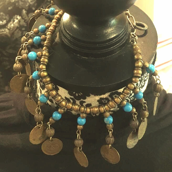 Gold Medallion/Coin & Blue Bead Bangle Bracelet - Picture 1 of 1